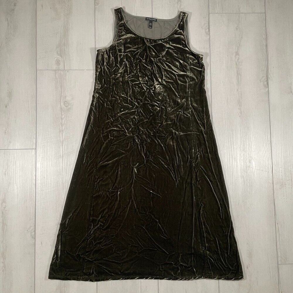 Eileen Fisher Women's Small Petite Green Velvet Sleeveless Shift Dress Holiday